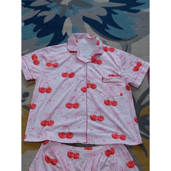 $NWOT Women's pink Cherry Bow PJ set button up shirt w/shorts. Barbiecore, XXL - Picture 4 of 9